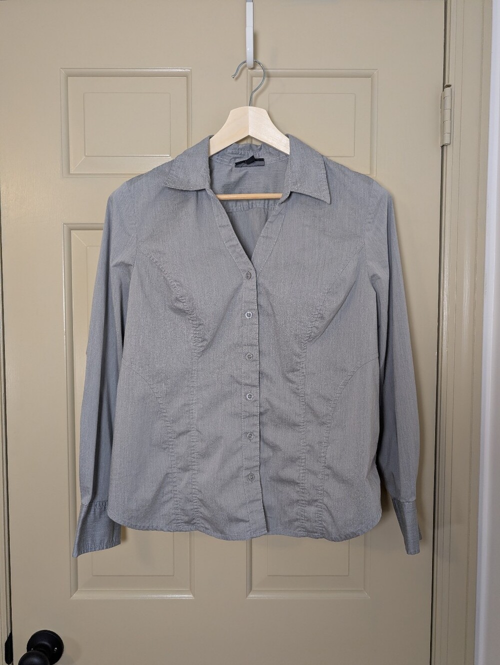 Fashion Bug Gray Stretch Fitted Button Down Collared Shirt Women's Large